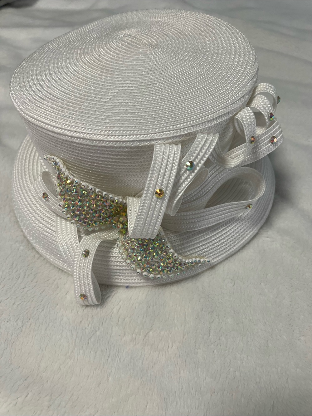 Embellished White Women's Dress Hat with Rhinestone Accent - Picture 2 of 5